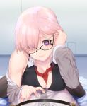  1boy 1girl absurdres black-framed_eyewear black_legwear breast_press breasts cleavage closed_mouth eyebrows_visible_through_hair eyes_visible_through_hair fate/grand_order fate_(series) glasses highres hisayaki_kyuu indoors large_breasts lips looking_at_viewer lying off_shoulder on_stomach pink_hair pov shielder_(fate/grand_order) shirt short_hair sleeveless sleeveless_shirt smile solo_focus violet_eyes 