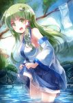  1girl 60mai blue_skirt day detached_sleeves frog_hair_ornament green_eyes green_hair hair_ornament hair_tubes kochiya_sanae lifted_by_self long_hair looking_at_viewer outdoors skirt skirt_lift smile snake_hair_ornament solo summer touhou wading water wide_sleeves 