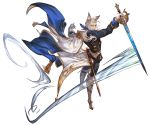  1boy animal_ears armor armored_boots back belt boots bow epaulettes erun_(granblue_fantasy) facial_hair full_body gloves granblue_fantasy grey_hair long_hair low_ponytail male_focus minaba_hideo monocle mustache official_art sevastian_(granblue_fantasy) sword transparent_background weapon 