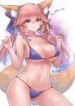  1girl absurdres animal_ears blue_bow bow breasts brown_eyes cleavage collarbone eyebrows_visible_through_hair fate/grand_order fate_(series) fox_ears fox_tail hair_bow highres large_breasts long_hair looking_at_viewer navel neonbeat pink_hair solo tail tamamo_(fate)_(all) tamamo_no_mae_(swimsuit_lancer)_(fate) twintails 