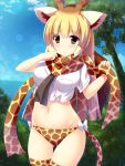  1girl black_eyes blonde_hair blush breast_pocket breasts eyebrows_visible_through_hair giraffe_ears giraffe_horns highres kemono_friends large_breasts liya looking_at_viewer navel panties parted_lips pocket reticulated_giraffe_(kemono_friends) scarf solo thigh-highs underwear 