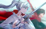  2girls :d blue_eyes brown_hair cape crescent_rose from_side grey_hair long_hair multicolored_hair multiple_girls myrtenaster open_mouth over_shoulder redhead ruby_rose rwby sketch smile sword tsuta_no_ha weapon weapon_over_shoulder weiss_schnee 