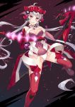  1girl :d ahoge aiming_at_viewer bare_shoulders blush breasts breasts_apart cleavage cleavage_cutout covered_navel crossbow dance_of_eternity dual_wielding elbow_gloves female gloves glowing grin headgear highres holding holding_crossbow holding_weapon large_breasts leotard looking_at_viewer low_twintails naughty_face red_legwear revealing_clothes senki_zesshou_symphogear shiny shiny_clothes shiny_hair shiny_skin silver_hair smile solo teeth thigh-highs very_long_hair violet_eyes weapon yukine_chris 