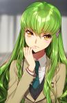  1girl artist_name blurry blurry_background c.c. code_geass creayus eyebrows_visible_through_hair finger_to_mouth green_hair hair_ornament hairclip long_hair looking_at_viewer necktie open_mouth school_uniform solo upper_body yellow_eyes 