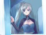  1girl blue_eyes breasts cleavage cleavage_cutout earrings hair_over_one_eye jewelry long_hair looking_at_viewer medium_breasts rwby scar scar_across_eye side_ponytail silver_hair sketch solo tsuta_no_ha upper_body weiss_schnee 