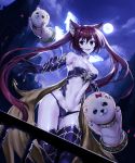  1girl :d animal animal_ears armor bangs bikini_armor black_boots black_gloves boots bow breasts cat_ears cerberus_(shingeki_no_bahamut) choker cleavage clouds cloudy_sky collar commentary_request cowboy_shot fang fangs fujimon full_moon gauntlets gloves gluteal_fold groin hair_between_eyes long_hair looking_at_viewer medium_breasts midriff moon navel night night_sky open_mouth outdoors pink_bow red_eyes redhead shadowverse shingeki_no_bahamut sky smile solo spiked_collar spikes stomach thigh-highs thigh_boots twintails very_long_hair 