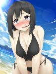  1girl akitsu_maru_(kantai_collection) amau_(kosmos) bikini black_bikini black_eyes black_hair blush breasts cleavage clouds cowboy_shot dutch_angle highres kantai_collection large_breasts lens_flare short_hair side-tie_bikini sky solo sun swimsuit 