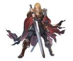  1boy belt boots cape full_body granblue_fantasy long_hair lucius_(granblue_fantasy) male_focus minaba_hideo official_art sword teeth transparent_background weapon yellow_eyes 