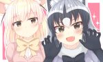  2girls animal_ears black_hair blonde_hair bow brown_eyes closed_mouth common_raccoon_(kemono_friends) eyebrows_visible_through_hair fang fennec_(kemono_friends) fox_ears grey_hair kemono_friends looking_at_viewer meiji_(meizi493) multiple_girls open_mouth raccoon_ears white_hair yellow_bow 