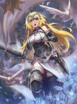  1girl armor armored_dress bare_shoulders bird blonde_hair blue_eyes breasts chains clouds cloudy_sky eyebrows_visible_through_hair fate_(series) faulds flag flower fur_trim gauntlets greaves headpiece kakumayu large_breasts light_rays looking_at_viewer open_mouth ruler_(fate/apocrypha) sky sleeveless solo sunbeam sunlight sword teeth thigh-highs walking weapon 
