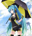  1girl ajigo gloves hatsune_miku headset highres long_hair shorts solo thigh-highs twintails umbrella very_long_hair vocaloid 