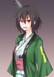  1girl alternate_costume anti_(untea9) black_hair commentary eyebrows_visible_through_hair hair_ornament happi highres japanese_clothes kantai_collection open_mouth red_eyes short_hair solo sweat yamashiro_(kantai_collection) 