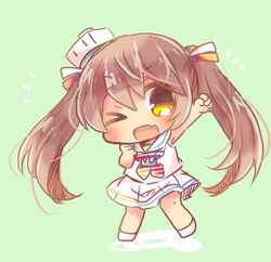  1girl brown_eyes brown_hair chibi dress fang full_body green_background kantai_collection kouu_hiyoyo libeccio_(kantai_collection) long_hair lowres neckerchief open_mouth red_neckerchief sailor_dress simple_background smile solo standing striped_neckerchief twintails 