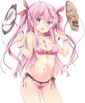  1girl :o alternate_hairstyle arm_up bare_arms bare_shoulders bikini breasts bright_pupils cleavage collarbone cowboy_shot eyebrows_visible_through_hair fox_mask gluteal_fold hair_between_eyes hair_ribbon hata_no_kokoro highres jewelry long_hair looking_at_viewer mask maturiuta_sorato medium_breasts navel necklace open_mouth pink_eyes pink_hair plaid plaid_bikini red_ribbon ribbon side-tie_bikini simple_background solo standing stomach swimsuit tan tanline touhou twintails white_background wrist_cuffs 