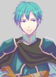  1boy aqua_armor aqua_hair armor black_cape blue_eyes bracelet brown_gloves cape closed_mouth crossed_arms ephraim fire_emblem fire_emblem:_seima_no_kouseki fire_emblem_heroes gloves grey_background highres jewelry kazame male_focus nintendo pauldrons polearm short_hair simple_background smile solo spear upper_body weapon 