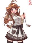  1girl :d ahoge alternate_costume apron blush brown_hair commentary_request curry curry_rice double_bun food grey_eyes hairband heart-shaped_food heart_ahoge highres holding kanon_(kurogane_knights) kantai_collection kongou_(kantai_collection) ladle long_hair looking_at_viewer open_mouth plate pleated_skirt ribbed_sweater rice sketch skirt smile solo sweater thigh-highs zettai_ryouiki 