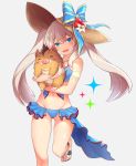  1girl animal blue_bow blue_eyes blue_ribbon blush boar bow collarbone eyebrows_visible_through_hair fate/grand_order fate_(series) flip-flops hat hat_bow highres holding holding_animal jewelry long_hair looking_at_viewer marie_antoinette_(fate/grand_order) navel necklace parted_lips ribbon sandals silver_hair smile tgh326 twintails 