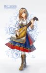  1girl bard blonde_hair blue_eyes boots breasts commentary copyright_name cross-laced_footwear dress facial_tattoo full_body hair_over_one_eye highres instrument knee_boots layered_dress long_sleeves looking_at_viewer lute_(instrument) medium_breasts original pantyhose patterned_background pixiv_fantasia pixiv_fantasia_revenge_of_the_darkness short_hair smile solo standing tattoo underbust white_background white_legwear yuren 
