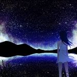 1girl bare_legs bare_shoulders black_hair constellation dress feet_out_of_frame floating_hair from_behind grass lake long_hair mountain night night_sky original reflection scenery sky solo star_(sky) starry_sky sugi_214 white_dress 