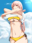  1girl breasts cleavage closed_mouth crossed_arms fate/grand_order fate_(series) florence_nightingale_(fate/grand_order) highres large_breasts long_hair looking_at_viewer navel pink_hair red_eyes shirt_lift solo swimsuit under_boob yami_kyon_oov 