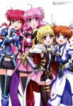  4girls absurdres ahoge amitie_florian artist_request blonde_hair blush braid breasts brown_hair cape dress fate_testarossa female fingerless_gloves gloves glowing green_eyes hair_ribbon hairband highres kyrie_florian long_hair looking_at_viewer lyrical_nanoha magical_girl mahou_shoujo_lyrical_nanoha mahou_shoujo_lyrical_nanoha_the_movie_3rd:_reflection megami multiple_girls official_art one_eye_closed open_mouth pink_eyes pink_hair puffy_sleeves red_eyes redhead ribbon shiny shiny_hair single_braid skirt smile takamachi_nanoha twintails very_long_hair violet_eyes 