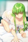  1girl barefoot bed_sheet breasts c.c. cleavage code_geass creayus green_hair long_hair looking_at_viewer lying nightgown pillow shiny shiny_hair solo yellow_eyes 