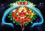  absurdly_long_hair aqua_eyes aqua_hair black_belt boots christmas commentary dress earrings floating_hair flower flower_request full_body gloves hatsune_miku jewelry long_hair looking_at_viewer red_boots red_dress red_gloves red_ribbon red_skirt ribbon rose santa_costume scarf skirt sky space star_(sky) starry_sky sugi_214 thigh-highs thigh_boots twintails very_long_hair vocaloid white_scarf 