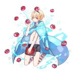  1boy abs bare_chest blonde_hair book fire_emblem fire_emblem_if holding holding_book leon_(fire_emblem_if) looking_at_viewer pout red_eyes short_hair shorts simple_background tomato water 