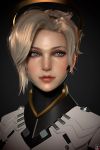  1girl 3d absurdres blonde_hair blue_eyes bodysuit closed_mouth eyelashes eyeliner face gradient gradient_background grey_background gyu_bin_yun high_ponytail highres lips looking_at_viewer makeup mechanical_halo mercy_(overwatch) nose overwatch photorealistic portrait short_hair solo watermark white_bodysuit 