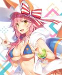  1girl animal_ears bikini blue_bikini blush bracelet breasts fate/extra fate/grand_order fate_(series) fox_ears fox_tail hands_up hat jacket jewelry large_breasts long_hair looking_at_viewer navel open_clothes open_jacket open_mouth pink_hair side-tie_bikini smile solo swimsuit tail tamamo_(fate)_(all) tamamo_no_mae_(swimsuit_lancer)_(fate) yellow_eyes yuuki_hagure 