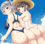  2girls ass blue_eyes blue_swimsuit blush bottle breasts brown_eyes brown_hair erect_nipples hat large_breasts looking_back mizunashi_kenichi multiple_girls one-piece_swimsuit open_mouth original short_hair side_ponytail silver_hair sky smile swimsuit wet white_swimsuit 