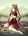  1girl arm_ribbon barefoot basket bow commentary_request crossed_arms dress forest frills front_ponytail green_eyes green_hair hair_bow hair_ribbon hina_ningyou in_water kaede_(mmkeyy) kagiyama_hina looking_at_viewer nature object_namesake red_bow red_dress ribbon rock sitting sitting_on_water solo touhou wariza 