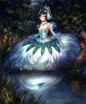  1girl artist_request ballerina beak bird black_hair blue_eyes breasts cleavage closed_mouth cygames different_reflection dress elbow_gloves feather_trim flower forest frog fur_collar gem gloves grass ladybug lake light_smile looking_at_viewer medium_breasts nature night odette_white_swan official_art outdoors reflection shadowverse shingeki_no_bahamut strapless strapless_dress swan tiara tree white_dress 