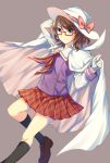  1girl alternate_costume alternate_headwear bow brown_background brown_eyes brown_hair cape capelet commentary_request dress glasses gloves hat hat_bow hat_ribbon kaede_(mmkeyy) long_sleeves looking_at_viewer low_twintails plaid purple_dress red-framed_eyewear red_bow red_skirt ribbon school_uniform semi-rimless_glasses simple_background skirt solo touhou twintails under-rim_glasses usami_sumireko white_cape white_gloves white_hat 