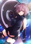  1girl armor blush breasts eyebrows_visible_through_hair fate/grand_order fate_(series) hair_over_one_eye highres holding_shield large_breasts looking_at_viewer nonkomu_(furiten5553) open_mouth pink_hair shield shielder_(fate/grand_order) short_hair solo violet_eyes 
