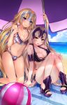  2girls arm_support ball beach beach_umbrella beachball blue_eyes blue_sky breasts chains cleavage clouds fate/grand_order fate_(series) fingernails gluteal_fold groin_tendon headpiece high_heels highres jeanne_alter kneeling komazuki_(komaworks240) long_fingernails long_hair medium_breasts multiple_girls navel ocean ruler_(fate/apocrypha) sandals sky smile thighs umbrella wavy_mouth yellow_eyes 