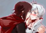  blue_eyes blush brown_hair cape grey_background hand_holding hand_on_another&#039;s_cheek hand_on_another&#039;s_face hood imminent_kiss jewelry multicolored_hair necklace nose_blush redhead ruby_rose rwby scar scar_across_eye side_ponytail sketch tsuta_no_ha weiss_schnee white_hair yuri 