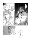  1boy 1girl ahoge alternate_costume arjuna_(fate/grand_order) bag blood cellphone comic command_spell dark_skin eyebrows_visible_through_hair fate/grand_order fate_(series) fujimaru_ritsuka_(female) hair_between_eyes iincho_(airi8751) long_sleeves monochrome phone school_bag school_uniform short_hair smartphone smile speech_bubble towel towel_on_head translation_request 