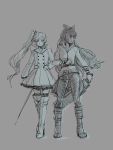  2girls alternate_costume blake_belladonna boots earrings gambol_shroud grey_background greyscale jewelry knee_boots long_hair midriff monochrome multiple_girls myrtenaster navel pants rapier rwby scar scar_across_eye side_ponytail sketch sword tight tight_pants tsuta_no_ha weapon weiss_schnee 