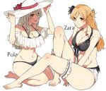  2girls adjusting_clothes adjusting_hat arms_up asakawa_(outeq) bare_shoulders barefoot between_legs bikini black_bikini blonde_hair braid breasts brown_eyes cleavage closed_mouth collarbone commentary_request eyebrows_visible_through_hair fingernails full_body grey_hair hair_between_eyes hair_ornament hair_over_shoulder hand_between_legs hat kantai_collection leg_grab long_hair looking_at_viewer multiple_girls navel open_mouth pola_(kantai_collection) red_ribbon remodel_(kantai_collection) ribbon seiza shaded_face shorts side_braid simple_background sitting smile swimsuit teeth wavy_hair white_background white_hat zara_(kantai_collection) 