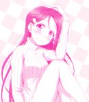  10s 1girl :o bare_legs blush ckst dress elbow_on_knee hair_ornament hairclip hand_on_head highres long_hair long_sleeves looking_at_viewer love_live! love_live!_sunshine!! monochrome pink ribbed_sweater sakurauchi_riko sitting solo sweater sweater_dress turtleneck turtleneck_sweater 