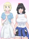  2girls bangs black_eyes black_hair blonde_hair blunt_bangs blush breasts dress evuoaniramu green_eyes hand_holding interlocked_fingers large_breasts lillie_(pokemon) long_hair looking_at_another mizuki_(pokemon_sm) multiple_girls older open_mouth pokemon pokemon_(game) pokemon_sm shirt short_hair short_shorts shorts smile swept_bangs tied_shirt white_dress yuri 