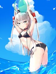  1girl amatsukaze_(kantai_collection) ball beachball bikini black_bikini brown_eyes hair_tubes holding holding_ball kantai_collection long_hair long_sleeves partially_submerged side-tie_bikini silver_hair smile solo sutaa_dasuto-kun swimsuit two_side_up water windsock 