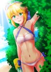  1girl artoria_pendragon_(all) artoria_pendragon_(swimsuit_archer)_(fate) beach bikini blonde_hair bush cowboy_shot dutch_angle fate/grand_order fate_(series) green_eyes momoda_yasuhito navel saber smile standing swimsuit water_gun white_bikini 