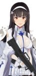  1girl :q assault_rifle bangs black_hair brown_eyes bullpup closed_mouth eyebrows_visible_through_hair finger_on_trigger girls_frontline gloves gun hairband holding holding_gun holding_weapon jacket_on_shoulders licking_lips long_hair looking_at_viewer nesume pleated_skirt qbz-95 qbz-95_(girls_frontline) rifle skirt smile solo tongue tongue_out weapon white_gloves white_skirt 