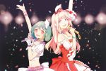  2girls ahoge blonde_hair blue_eyes green_hair jewelry long_hair macross macross_frontier microphone multiple_girls music ranka_lee red_eyes sheryl_nome short_hair singing single_earring 