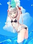  1girl :d amatsukaze_(kantai_collection) ball beachball bikini black_bikini brown_eyes fang hair_tubes holding holding_ball kantai_collection long_hair long_sleeves open_mouth partially_submerged side-tie_bikini silver_hair smile solo sutaa_dasuto-kun swimsuit two_side_up water windsock 