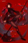  1girl boots brown_hair cape hankuri pantyhose red red_background redhead ruby_rose rwby scythe short_hair skirt solo 