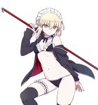  &gt;:( arm_at_side arm_up artoria_pendragon_(all) bikini black_bikini black_legwear blonde_hair breasts chan_co choker cleavage closed_mouth empty_eyes eyebrows_visible_through_hair fate/grand_order fate_(series) frill_trim gluteal_fold hair_between_eyes hair_ribbon jacket leg_garter leg_up maid_headdress navel off_shoulder open_clothes open_jacket polearm ribbon ribbon_trim saber_alter short_hair simple_background small_breasts swimsuit thigh-highs weapon white_background yellow_eyes 