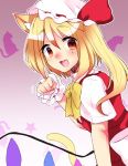  1girl :d abe_suke animal_ears bangs blonde_hair bow bowtie brown_eyes cat_ears cat_tail eyebrows_visible_through_hair flandre_scarlet from_side hair_between_eyes hat hat_bow highres kemonomimi_mode looking_at_viewer mob_cap open_mouth short_sleeves sidelocks smile solo star tail touhou upper_body white_bow white_hat yellow_neckwear 